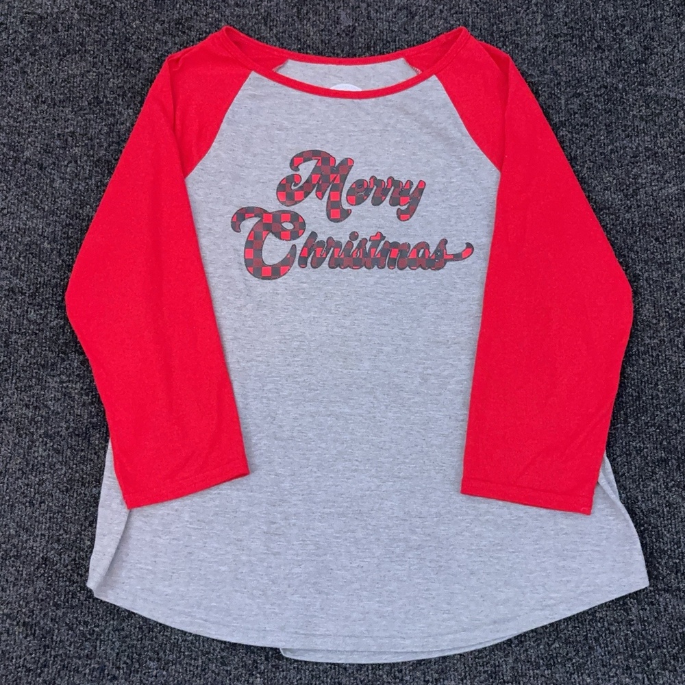 Holiday Time Shirt Girls 12-14 Gray Red Raglan Merry Christmas Buffalo Plaid